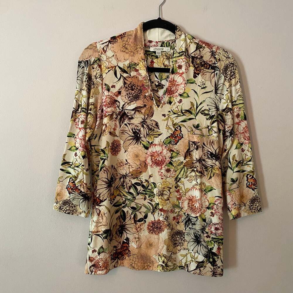 Chico's White Colorful Floral Print V-neck 3/4 Sleeve Shirt Fairy Boho 0 / Small